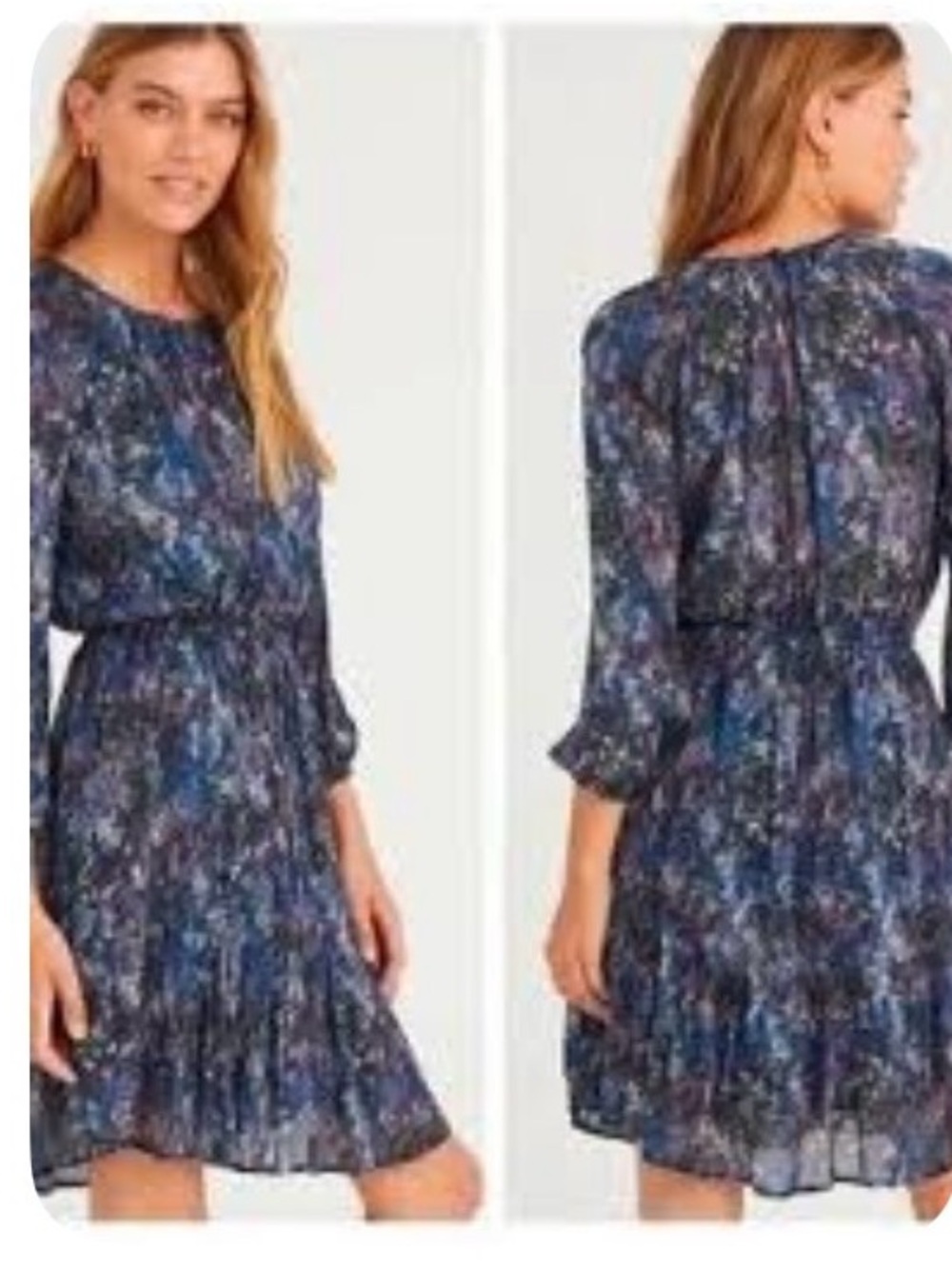 Bella Dahl Navy Multi-Color Floral Long-Sleeve Pleated Dress